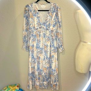 Mopoogoss V~Neck Ruffled blue, orange and White floral Print Dress women's LG